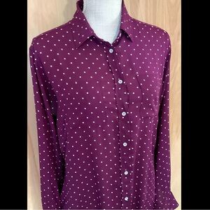 Stylus Women’s Burgundy/White Polka Dots Button Down Blouse - EUC